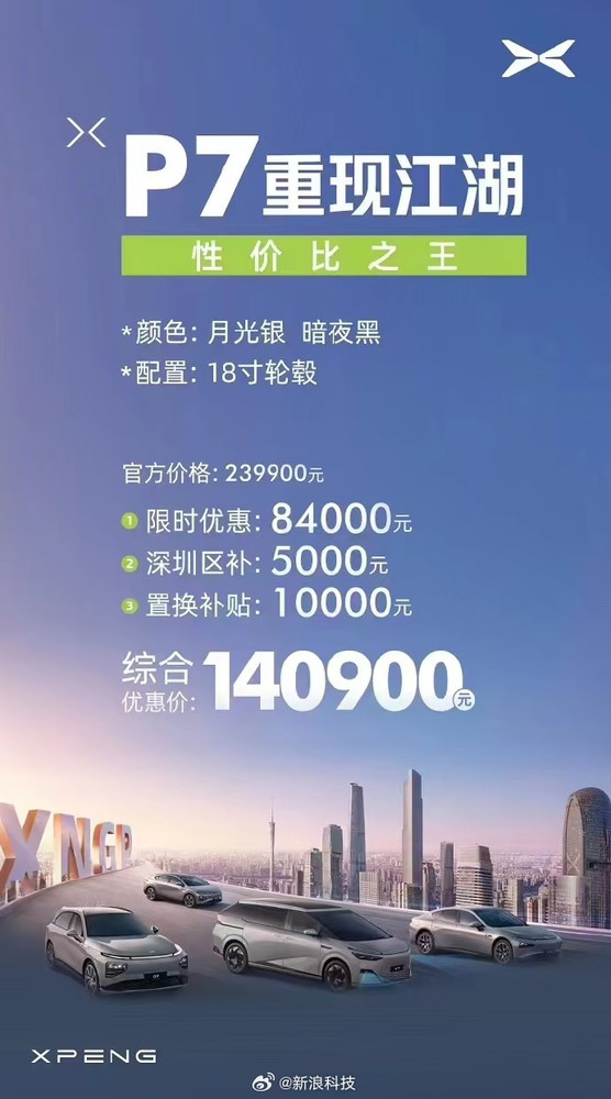 小鹏P7新款降价至14万起，2024款车型享受综合补贴优惠