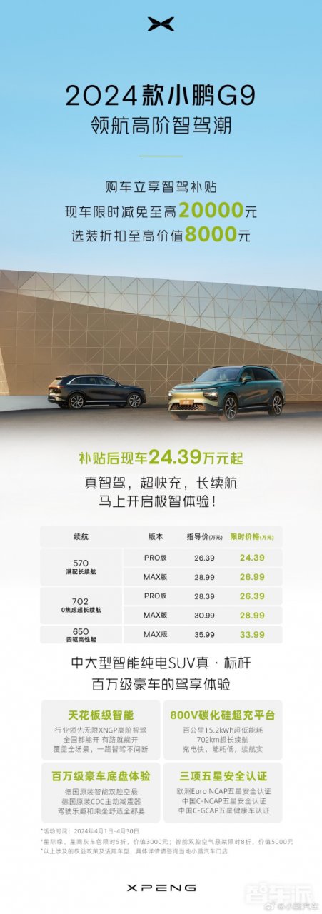 2024款小鹏G9，智驾补贴至高2.8万元仅售24.39万元起，开启智能驾驶新纪元
