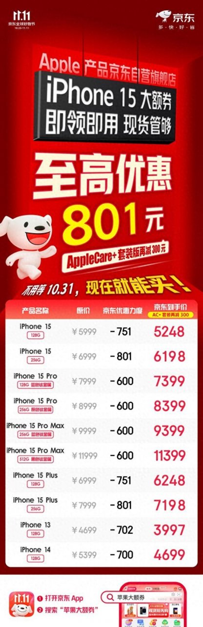 京东11.11狂欢，iPhone 15现货立减801元，Apple大额券全面上线